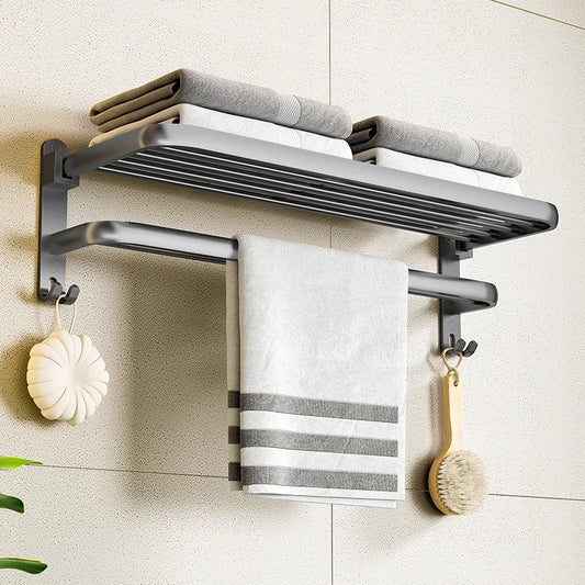 Space Aluminum Towel Rack With Hook Wall Mounted Black/Gray Shelf Adjustable Folding Towel Clothes Holder Bathroom Accessories